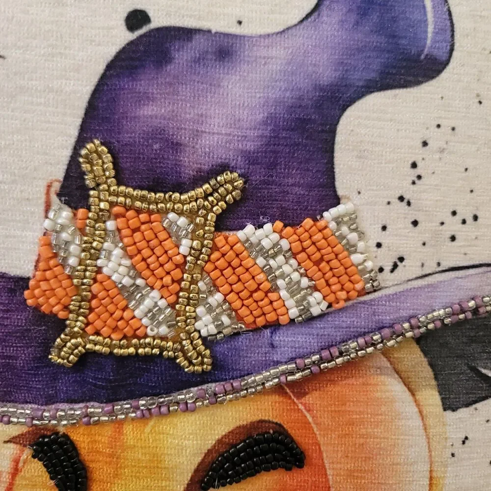 Halloween White Embellished Throw Pillow 14.5 x 14.5 Beaded Witch Hat Pumpkin